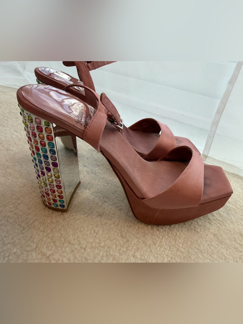 Jeffrey Campbell Pink Satin Multicolor Rhinestone Platform Wedge Heel Sandals - Picture 6 of 13